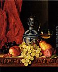 Wine Canvas Paintings - Still Life With Grapes, A Peach, Plums And A Pear On A Table With A Wine Glass And A Flask